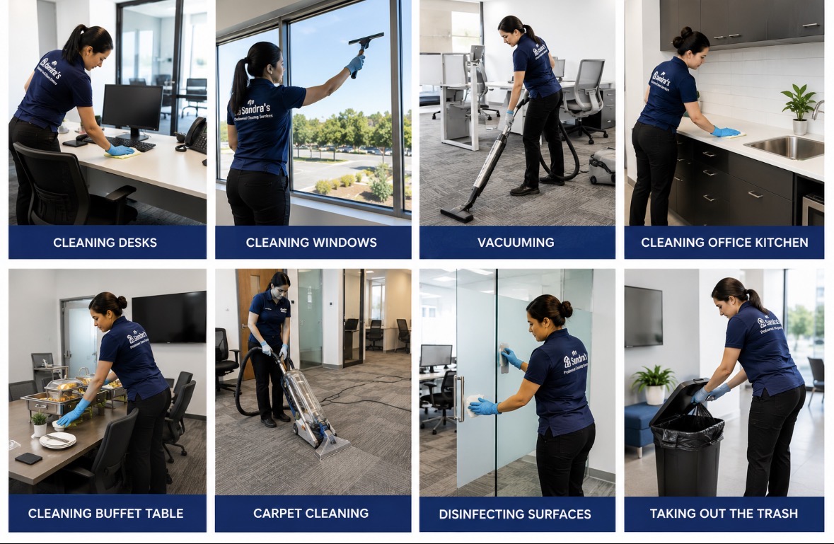 Sandra's team cleaning desks, windows, carpets and kitchens in an Orlando office