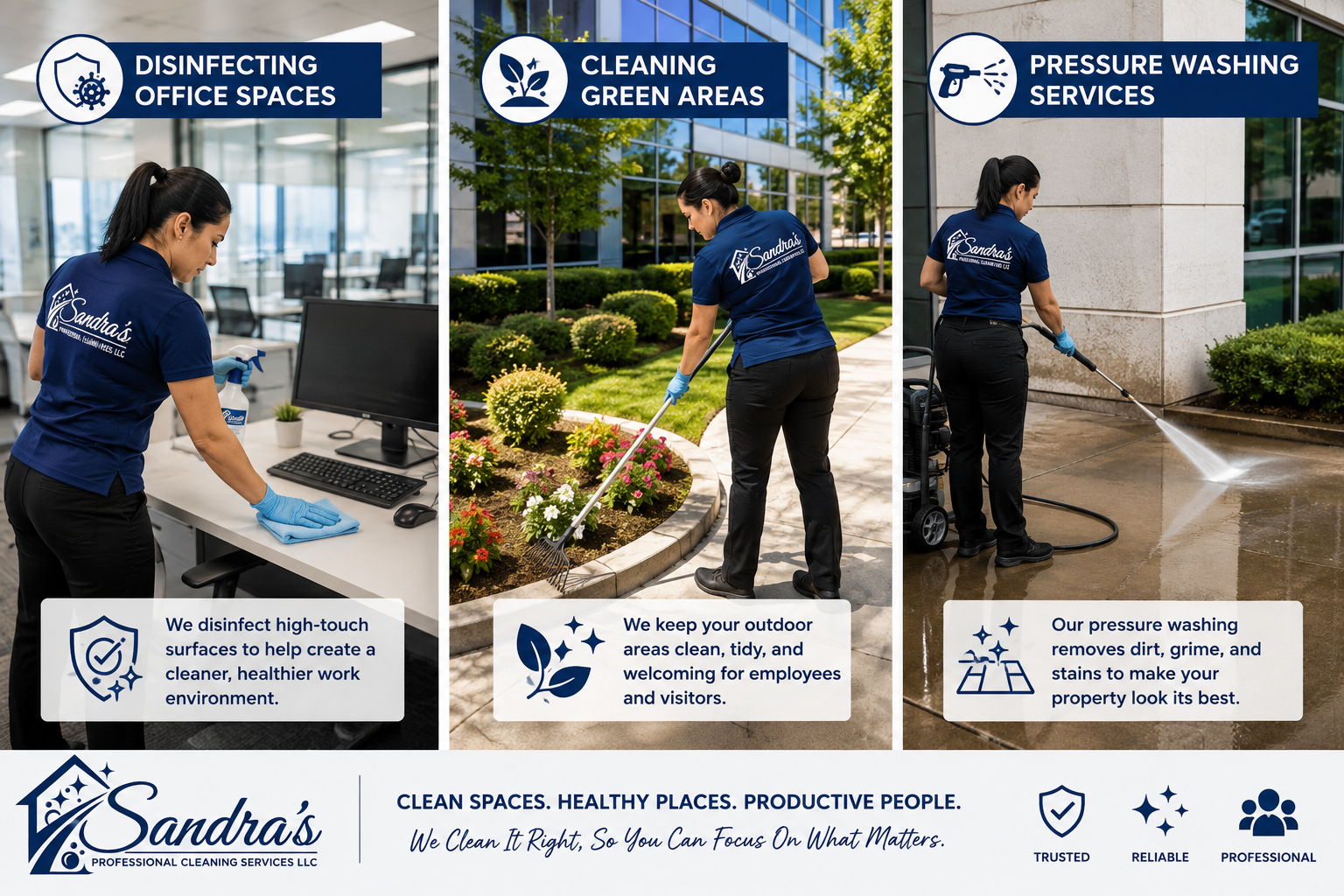 Office disinfection, green area cleaning and pressure washing services